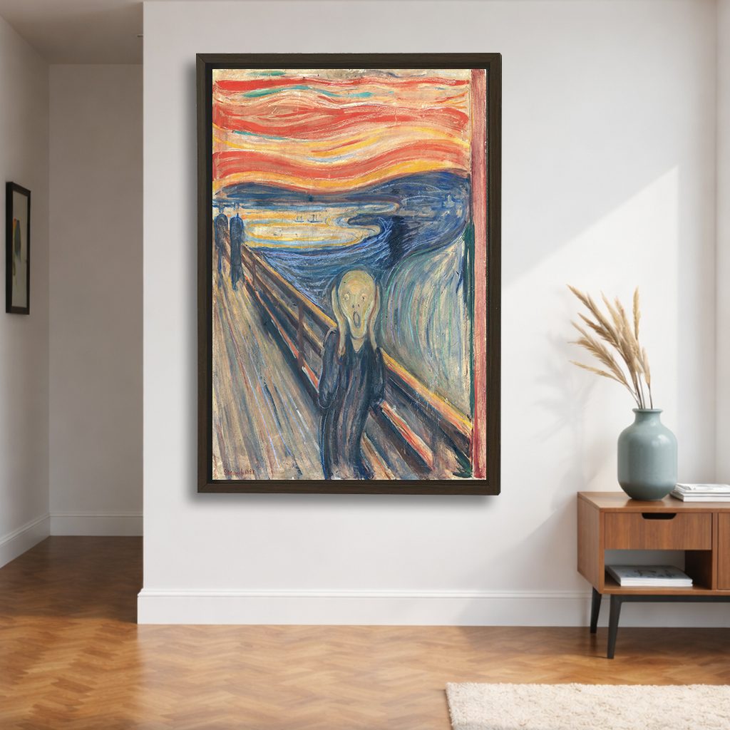 The Scream by Edvard Munch canvas wall art, walnut floating frame