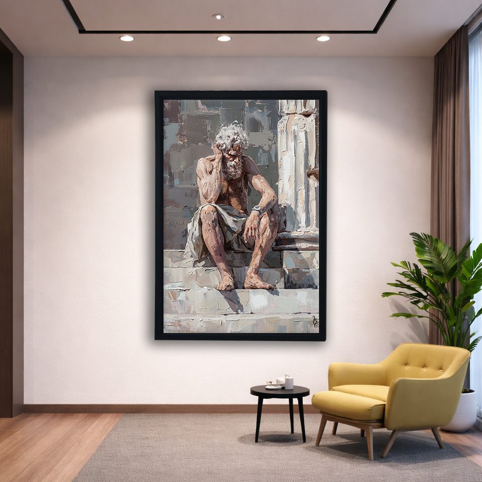 Thinking Old Man on Stairs canvas wall art, black floating frame
