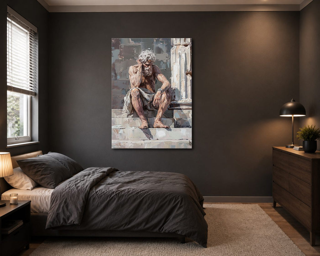 Thinking Old Man on Stairs canvas wall art, unframed canvas