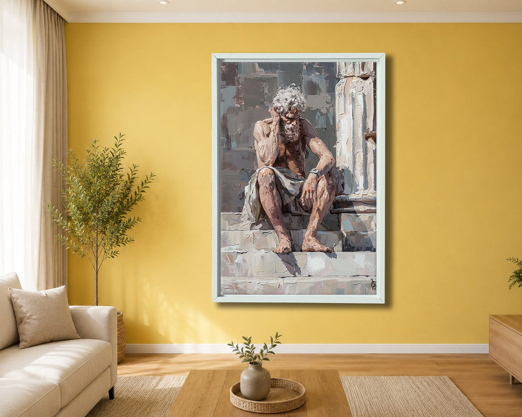 Thinking Old Man on Stairs canvas wall art, white floating frame