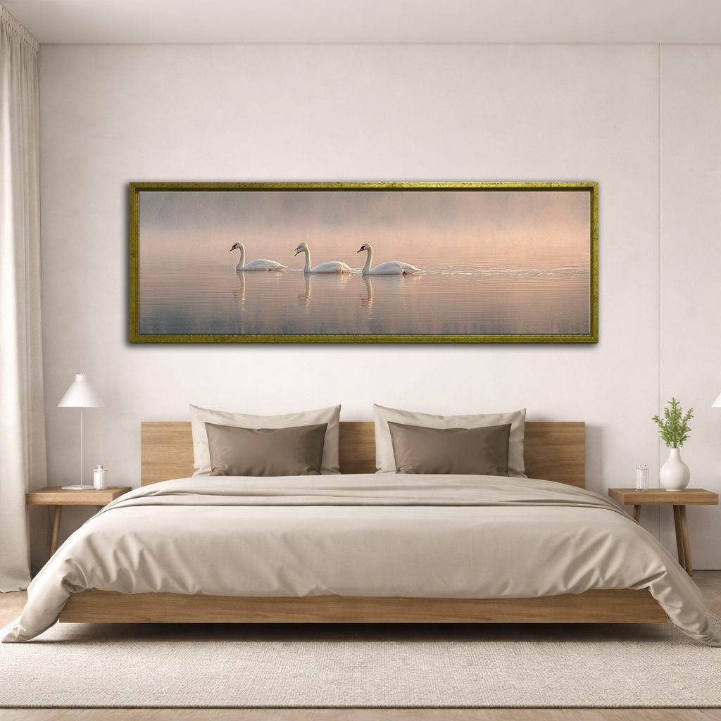 Three Swans on Misty Lake canvas wall art, antique gold floating frame