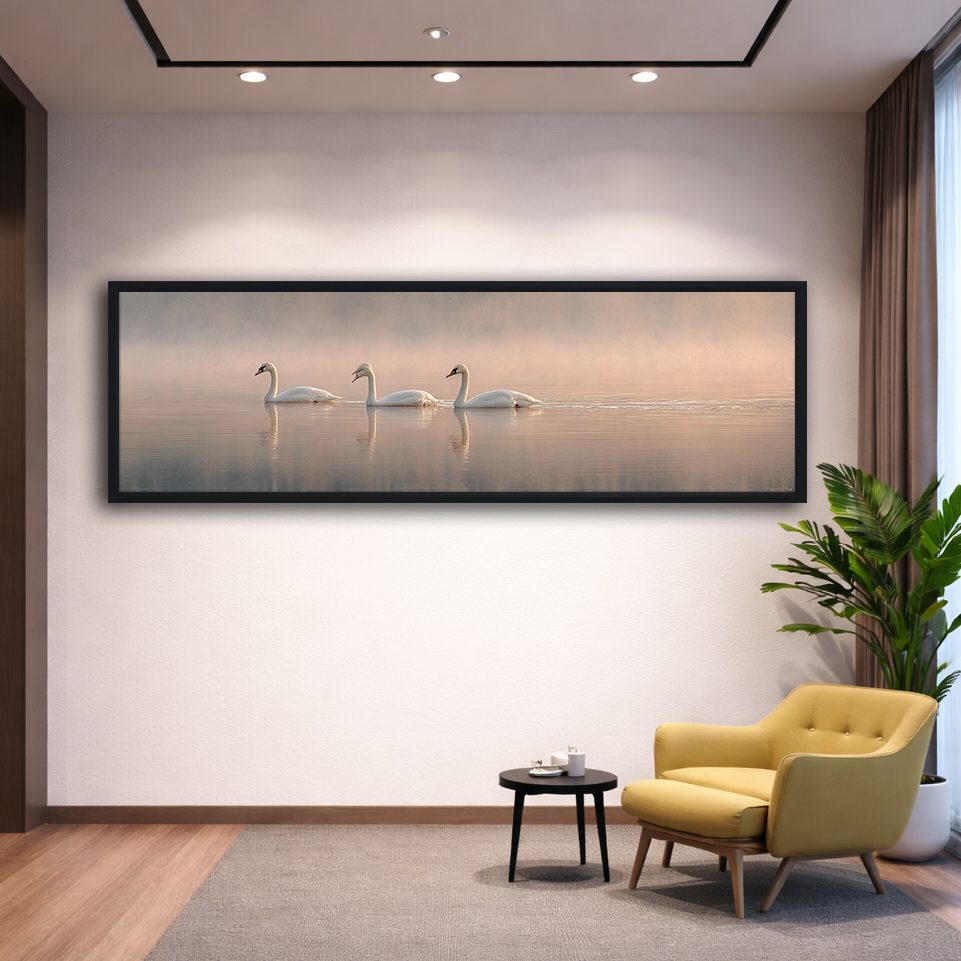 Three Swans on Misty Lake canvas wall art, black floating frame