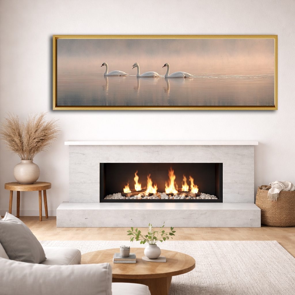 Three Swans on Misty Lake canvas wall art, natural wood floating frame