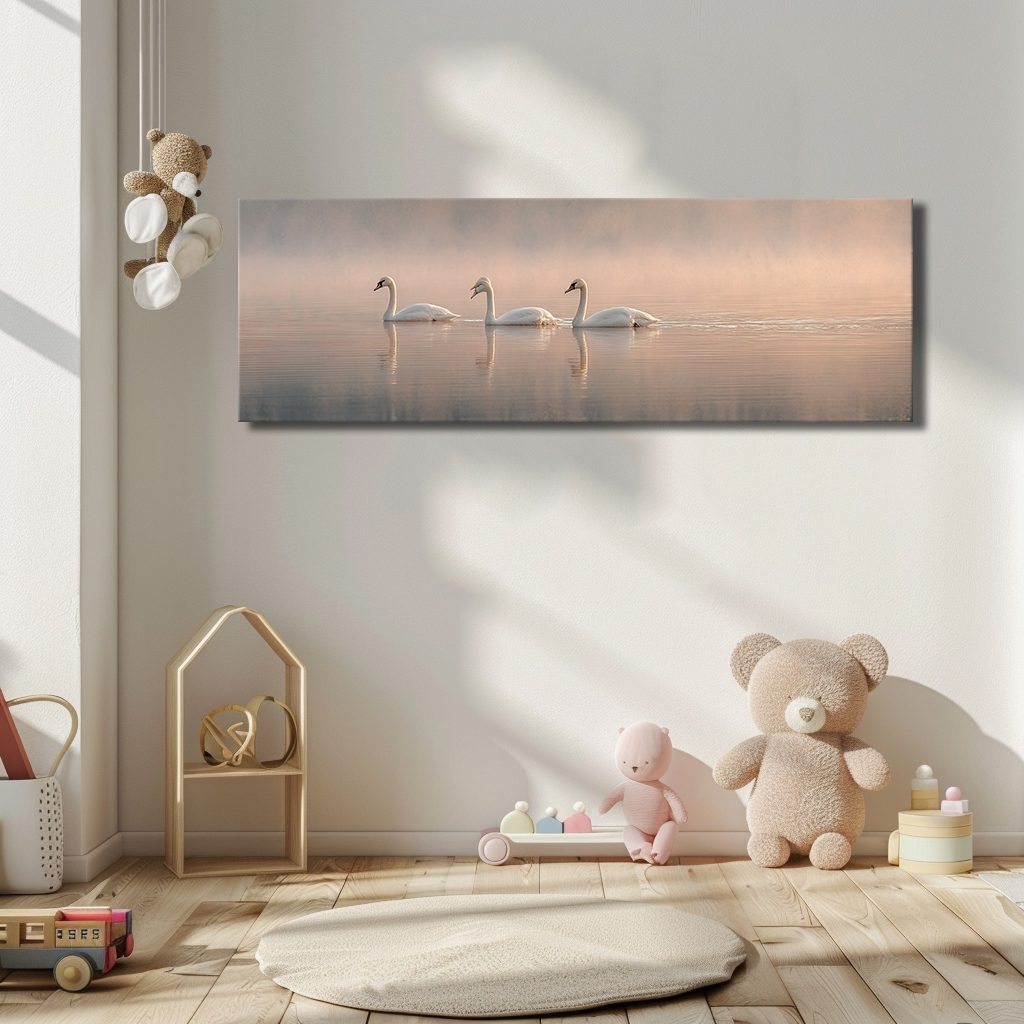 Three Swans on Misty Lake canvas wall art, unframed canvas