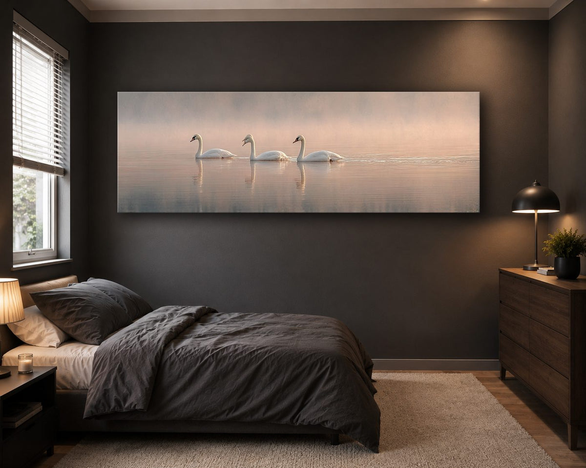 Three Swans on Misty Lake canvas wall art, unframed canvas