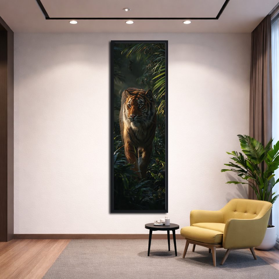 Tiger in the Dark Jungle canvas wall art, black floating frame