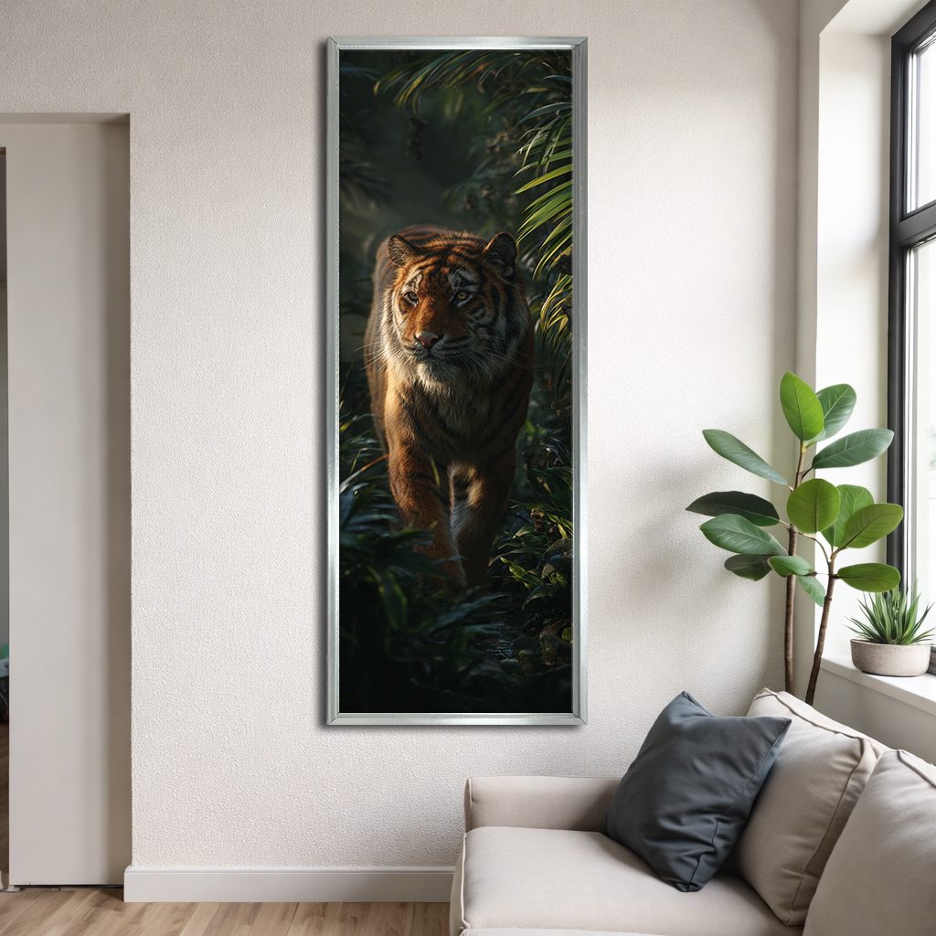 Tiger in the Dark Jungle canvas wall art, silver floating frame