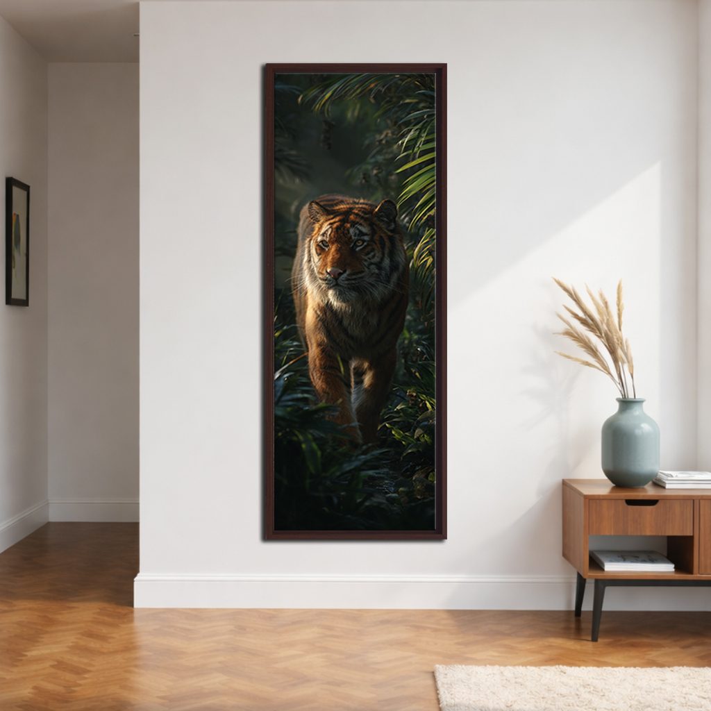 Tiger in the Dark Jungle canvas wall art, walnut floating frame