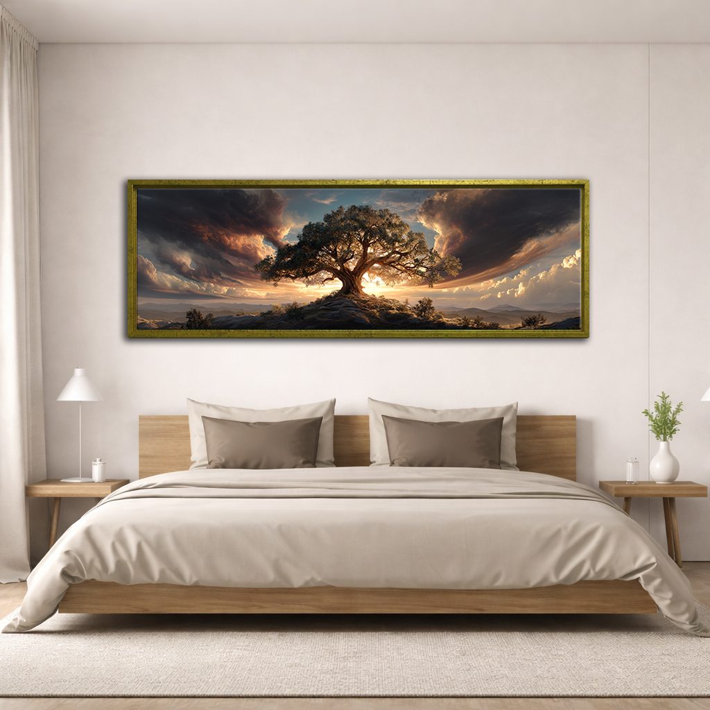 Tree of Life Dramatic Sunset canvas wall art, antique gold floating frame