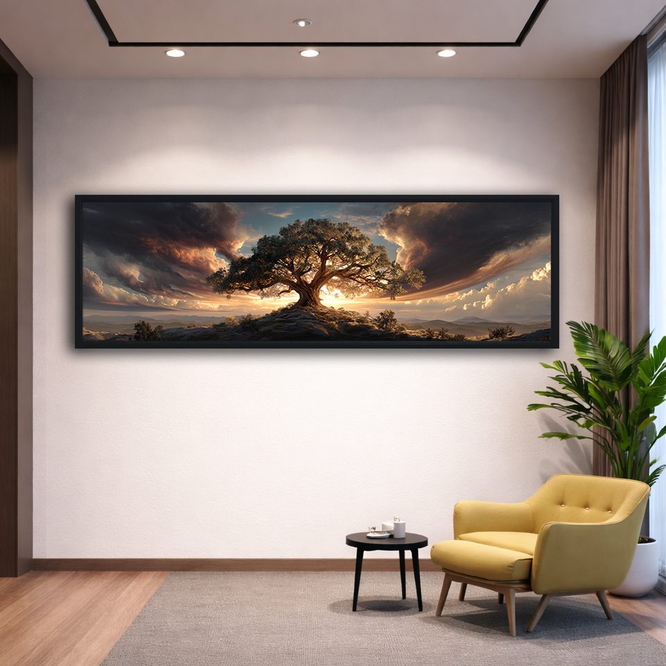 Tree of Life Dramatic Sunset canvas wall art, black floating frame