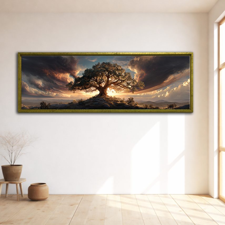 Tree of Life Dramatic Sunset canvas wall art, gold floating frame