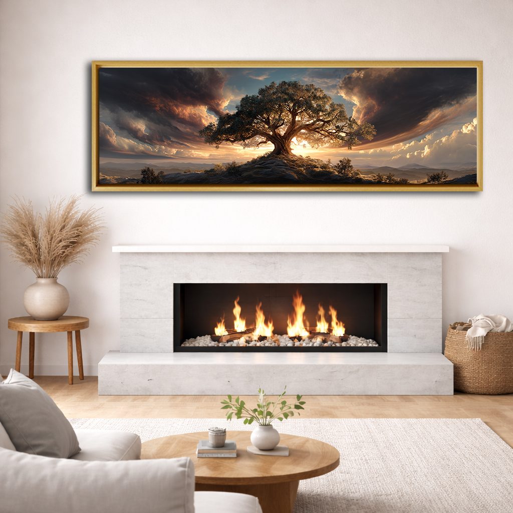 Tree of Life Dramatic Sunset canvas wall art, natural wood floating frame