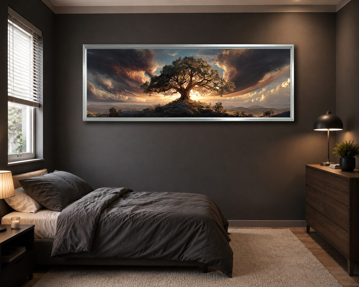 Tree of Life Dramatic Sunset canvas wall art, silver floating frame