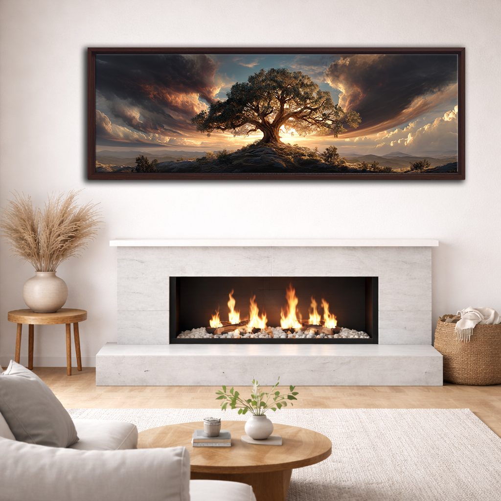 Tree of Life Dramatic Sunset canvas wall art, walnut floating frame