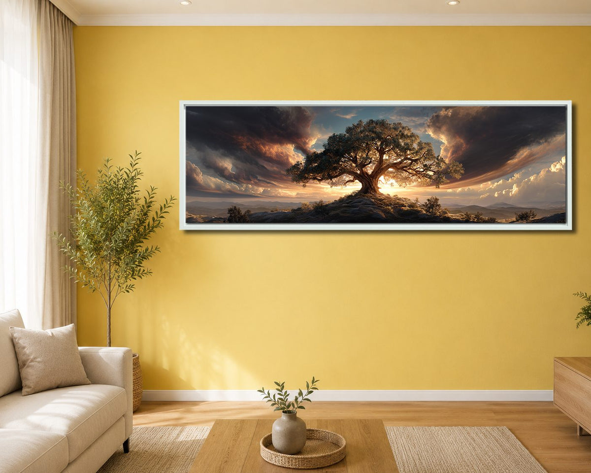 Tree of Life Dramatic Sunset canvas wall art, white floating frame