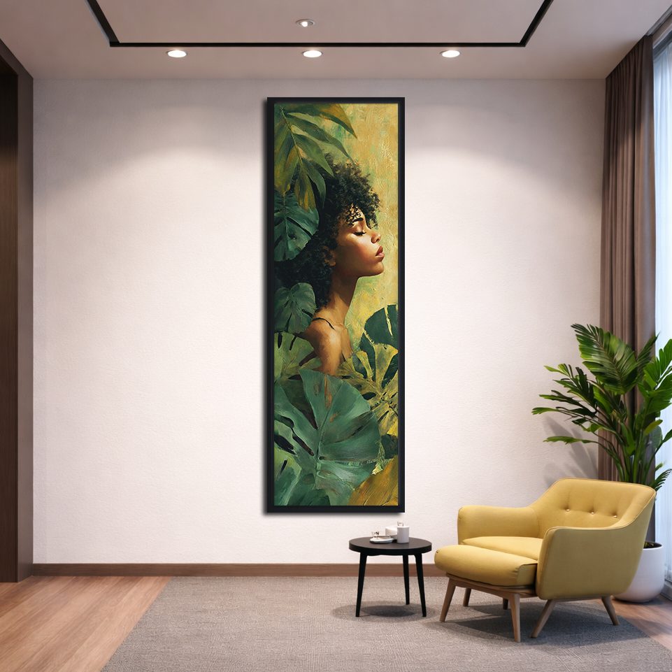 Tropical Woman Portrait with Monstera Leaves canvas wall art, black floating frame