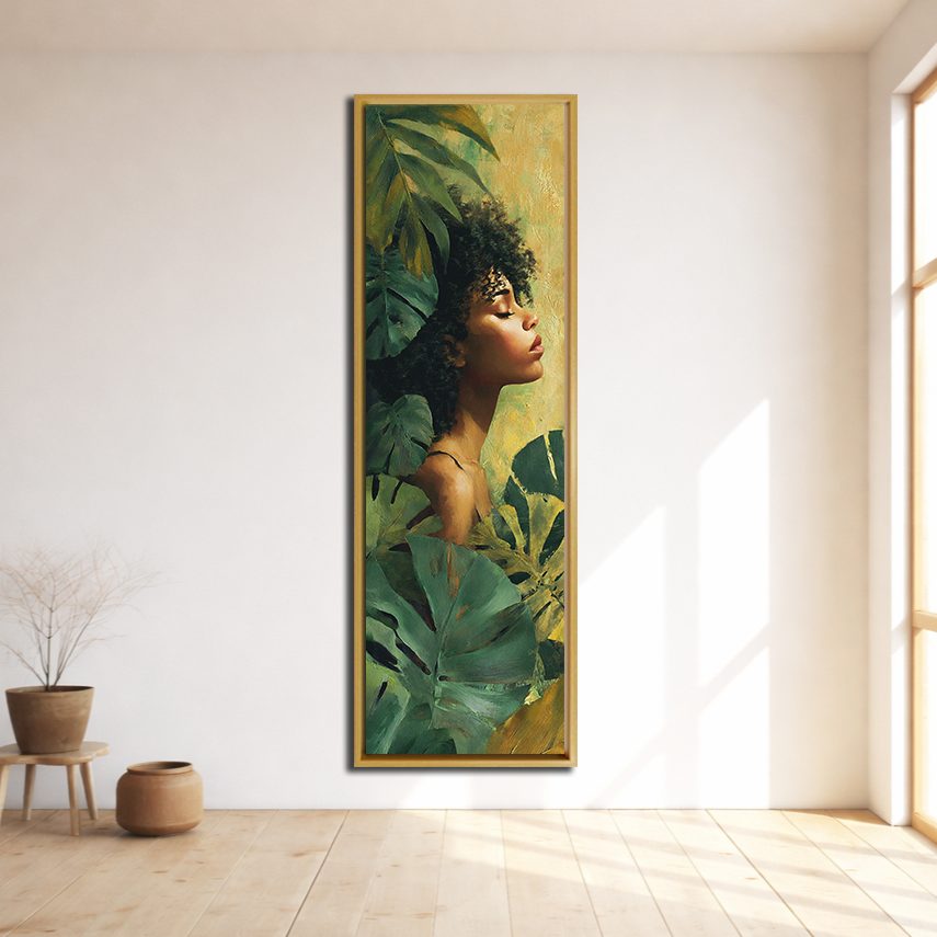 Tropical Woman Portrait with Monstera Leaves canvas wall art, natural wood floating frame