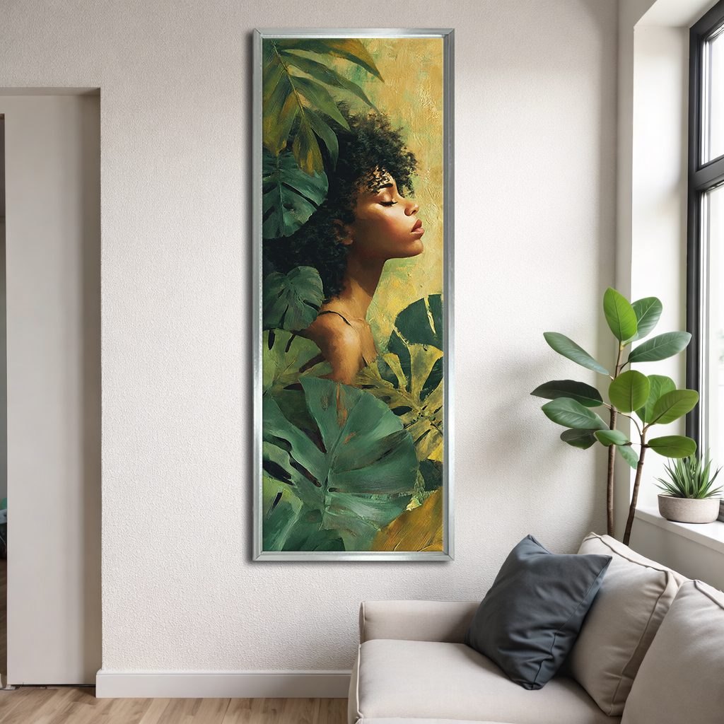 Tropical Woman Portrait with Monstera Leaves canvas wall art, silver floating frame