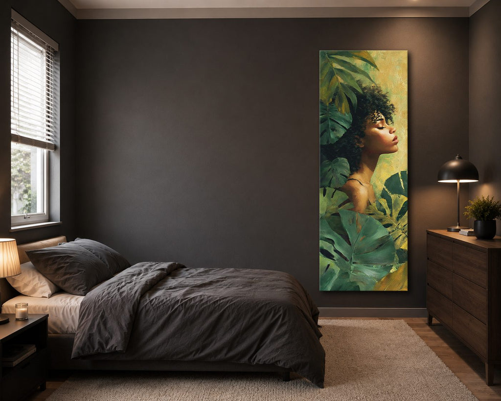 Tropical Woman Portrait with Monstera Leaves canvas wall art, unframed canvas