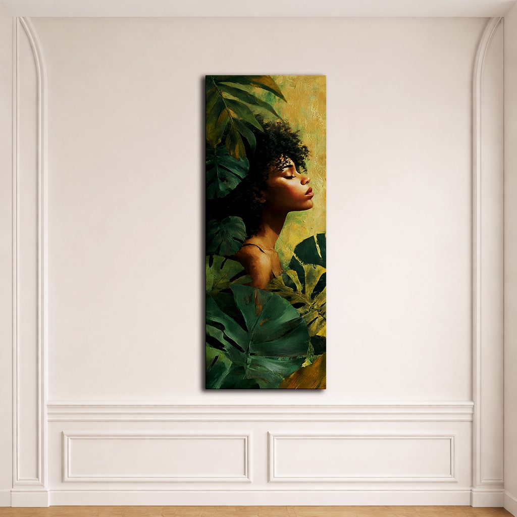 Tropical Woman Portrait with Monstera Leaves canvas wall art, unframed canvas