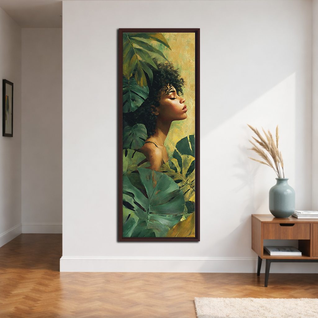 Tropical Woman Portrait with Monstera Leaves canvas wall art, walnut floating frame