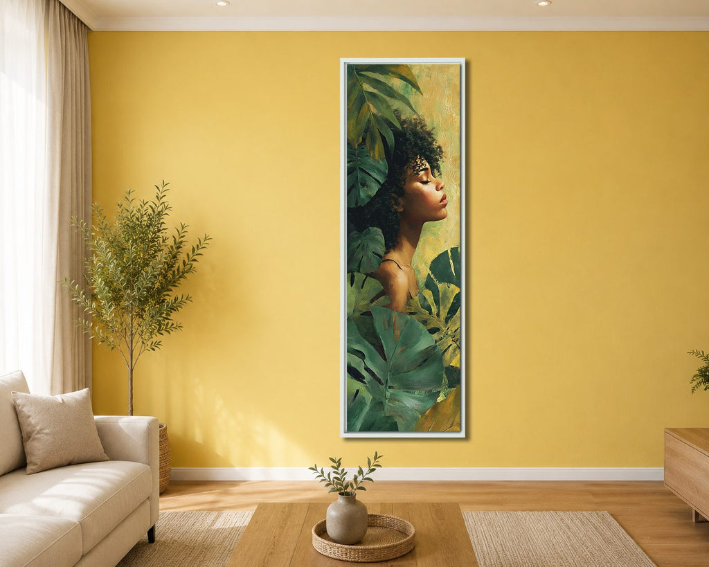 Tropical Woman Portrait with Monstera Leaves canvas wall art, white floating frame