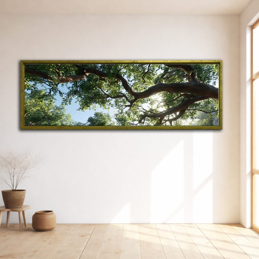 Under the Ancient Tree Canopy canvas wall art, gold floating frame
