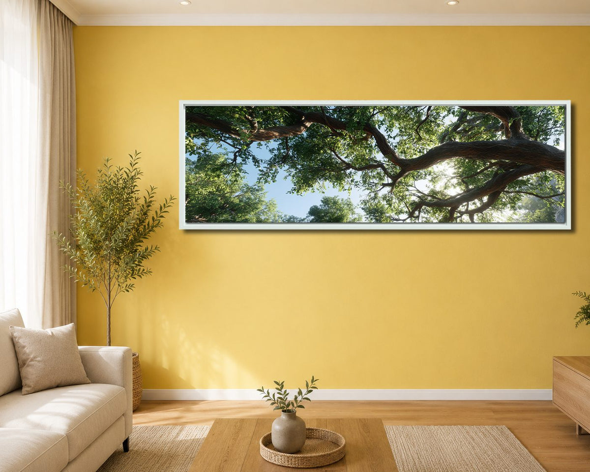 Under the Ancient Tree Canopy canvas wall art, white floating frame