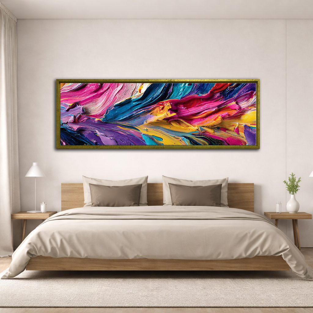 Vibrant Pink and Blue Impasto Abstract canvas wall art, antique gold floating frame