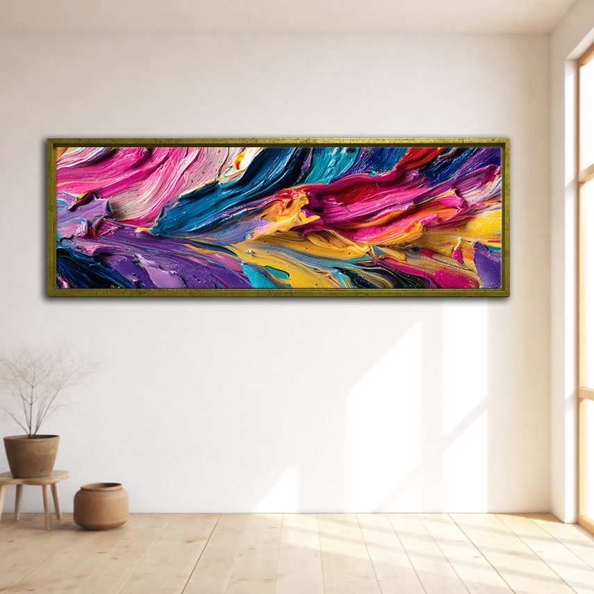 Vibrant Pink and Blue Impasto Abstract canvas wall art, gold floating frame