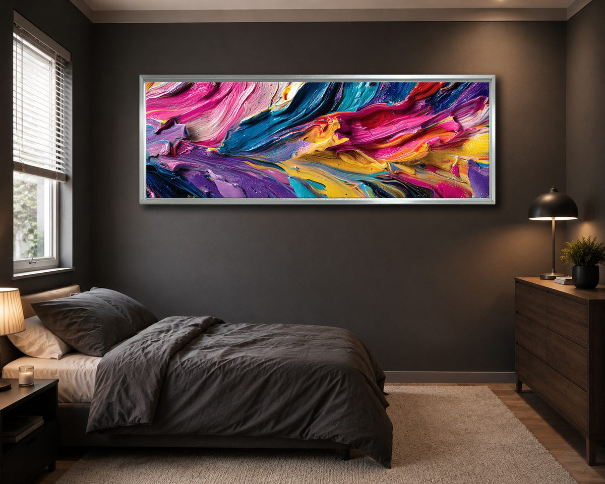 Vibrant Pink and Blue Impasto Abstract canvas wall art, silver floating frame