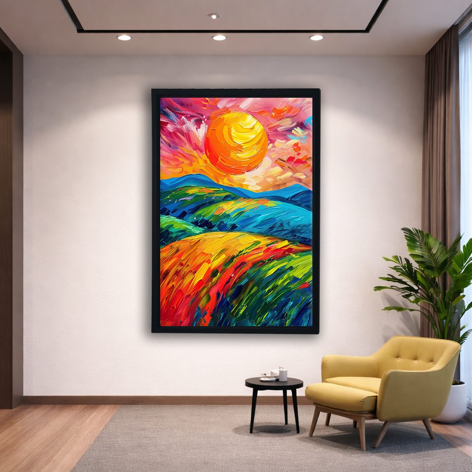 Vibrant Sun over Rolling Hills canvas wall art, black floating frame
