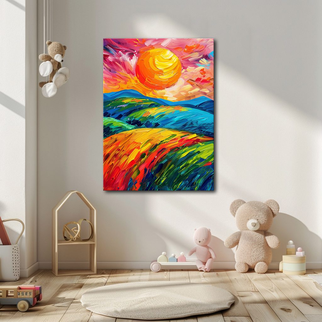 Vibrant Sun over Rolling Hills canvas wall art, unframed canvas