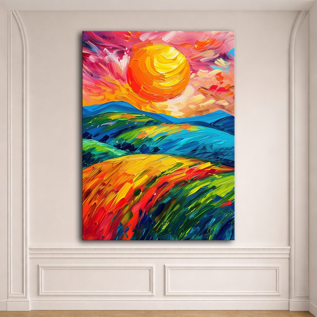 Vibrant Sun over Rolling Hills canvas wall art, unframed canvas