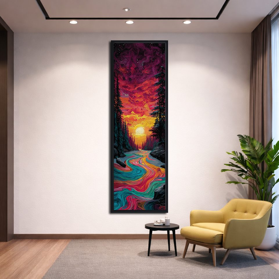 Vibrant Sunset River Forest canvas wall art, black floating frame