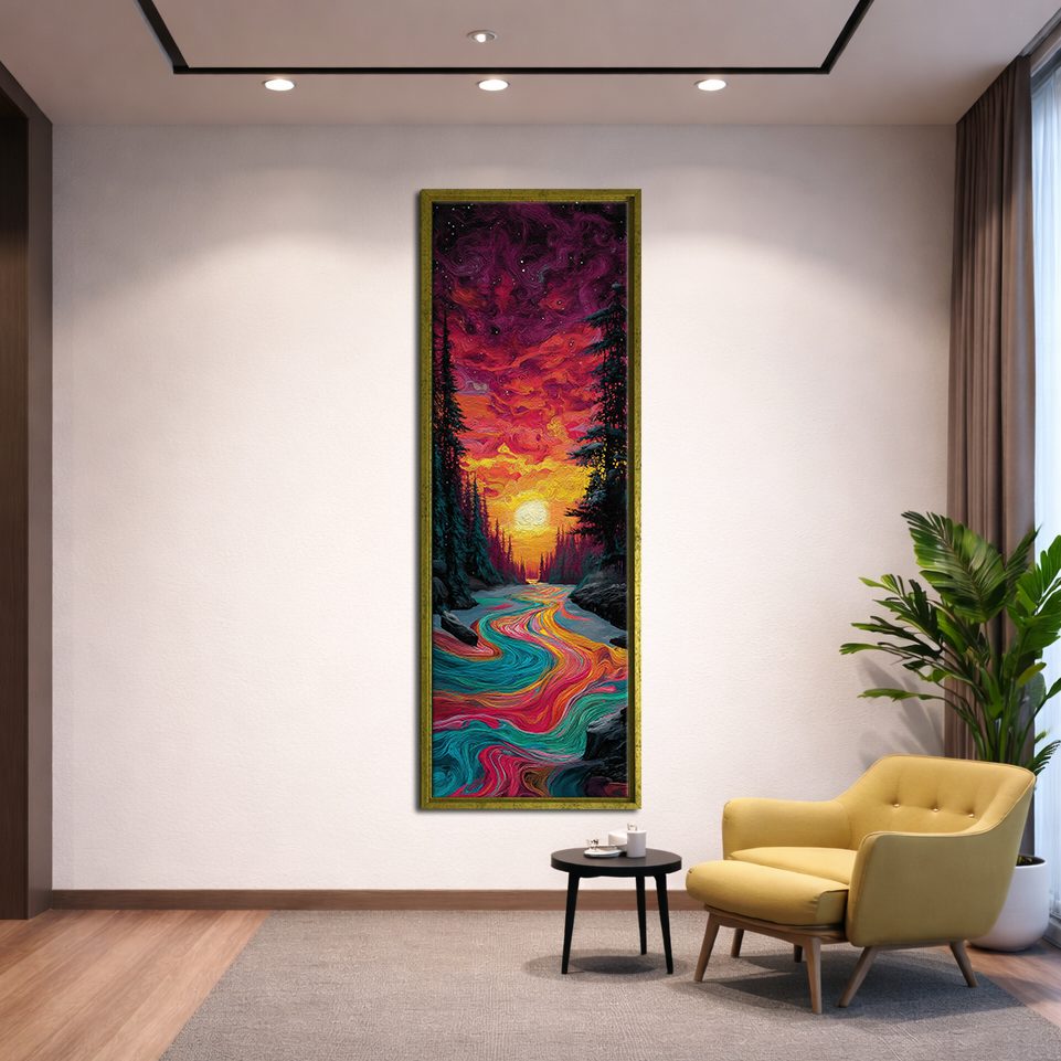 Vibrant Sunset River Forest canvas wall art, gold floating frame