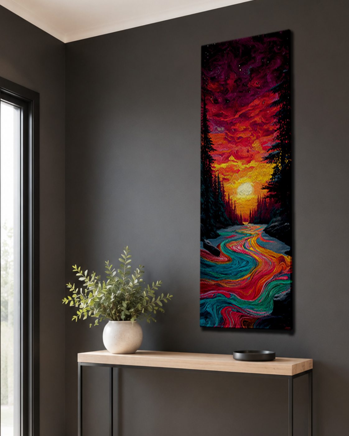Vibrant Sunset River Forest canvas wall art, unframed canvas