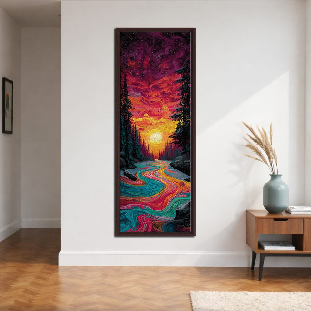 Vibrant Sunset River Forest canvas wall art, walnut floating frame