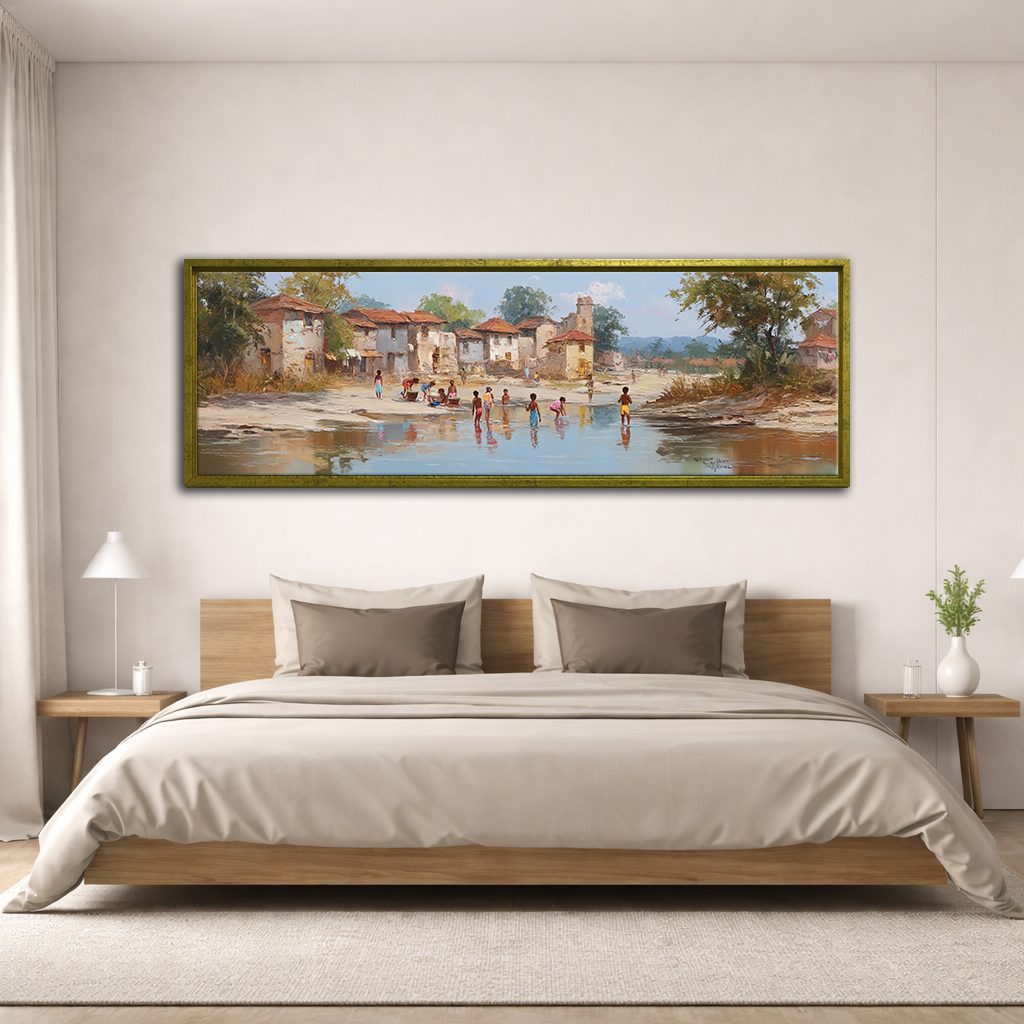 Village by the River Landscape canvas wall art, antique gold floating frame