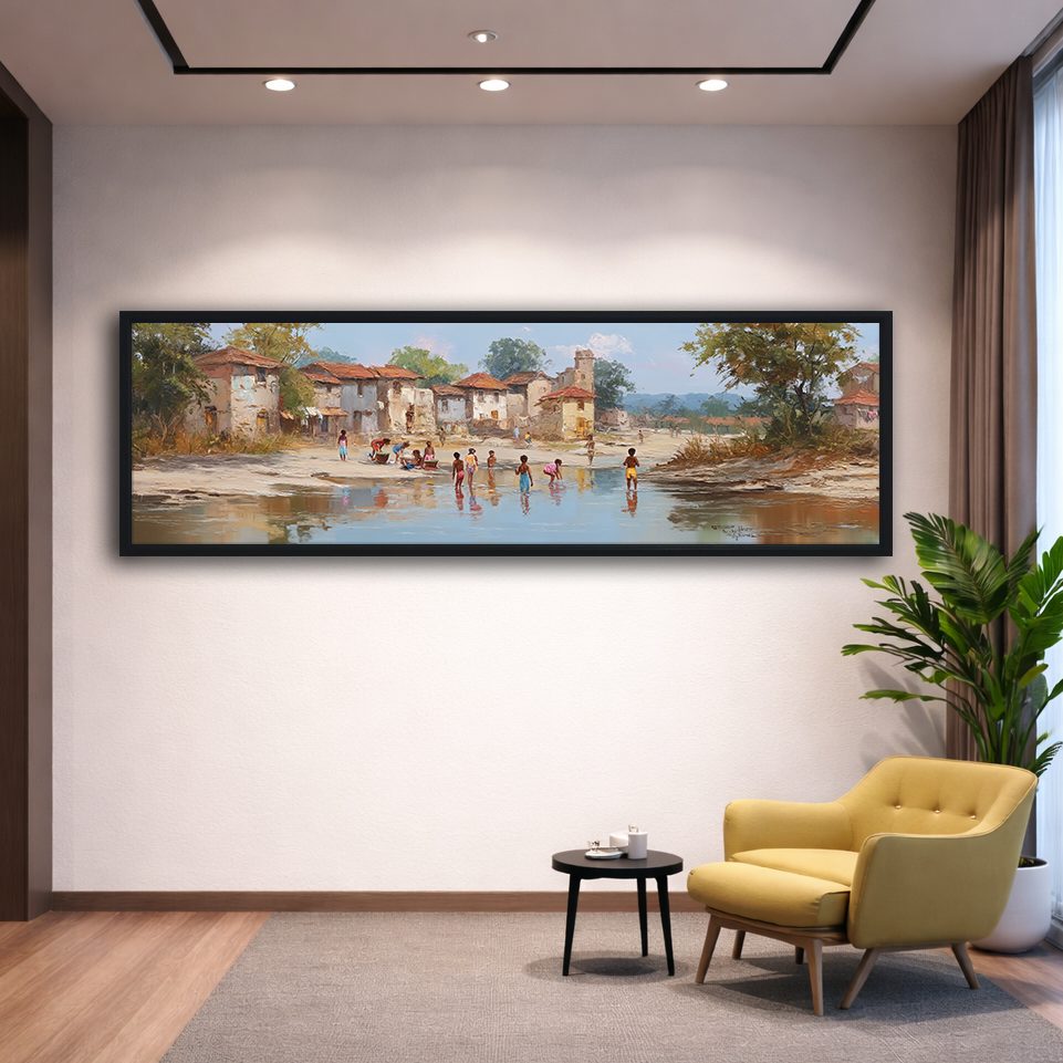 Village by the River Landscape canvas wall art, black floating frame