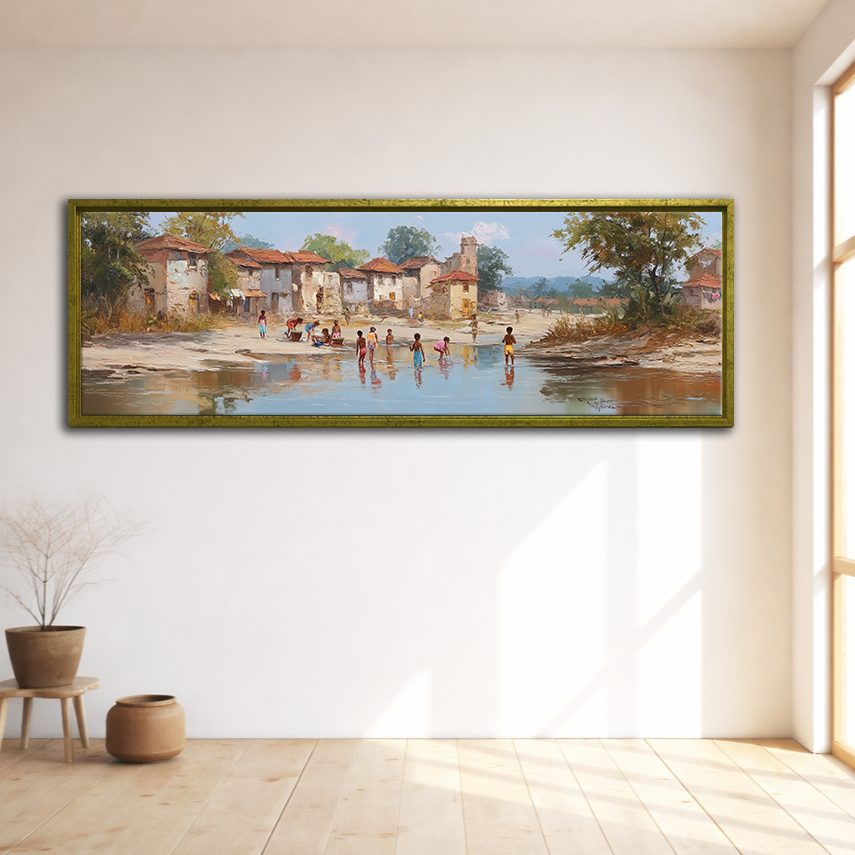 Village by the River Landscape canvas wall art, gold floating frame