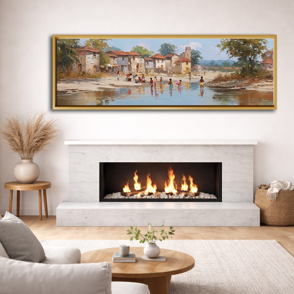 Village by the River Landscape canvas wall art, natural wood floating frame