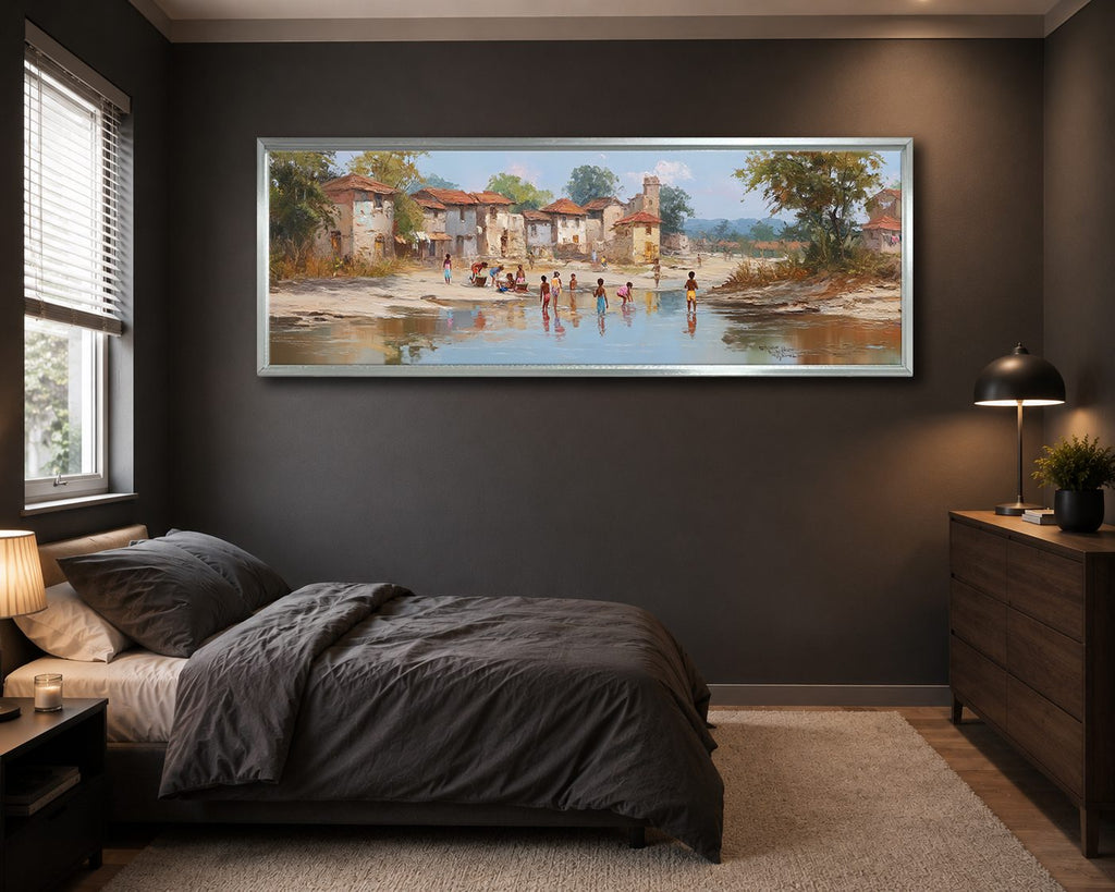 Village by the River Landscape canvas wall art, silver floating frame