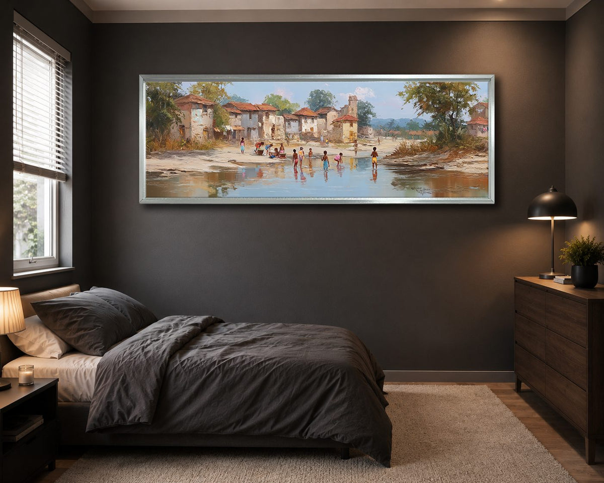Village by the River Landscape canvas wall art, silver floating frame