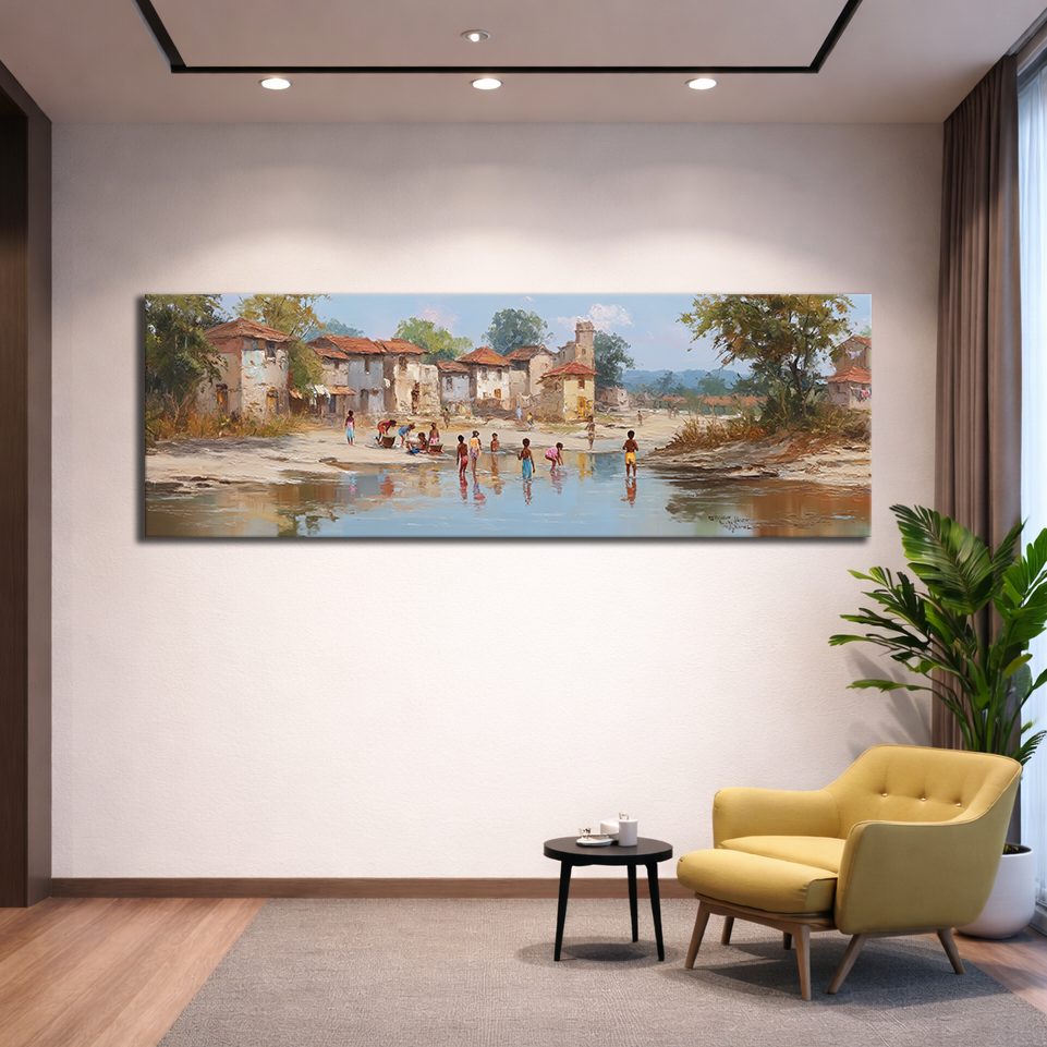 Village by the River Landscape canvas wall art, unframed canvas