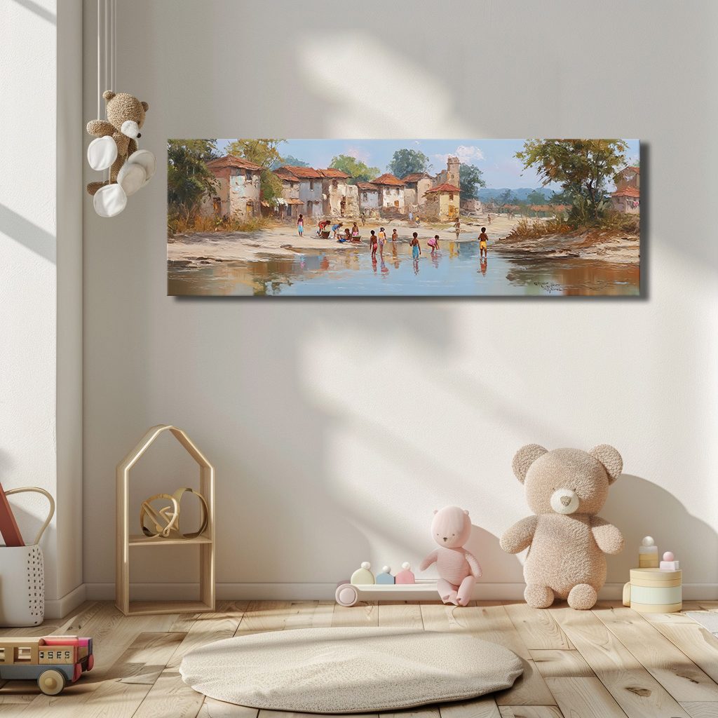 Village by the River Landscape canvas wall art, unframed canvas