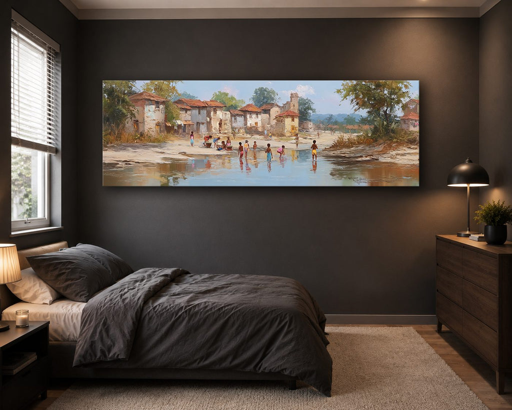 Village by the River Landscape canvas wall art, unframed canvas