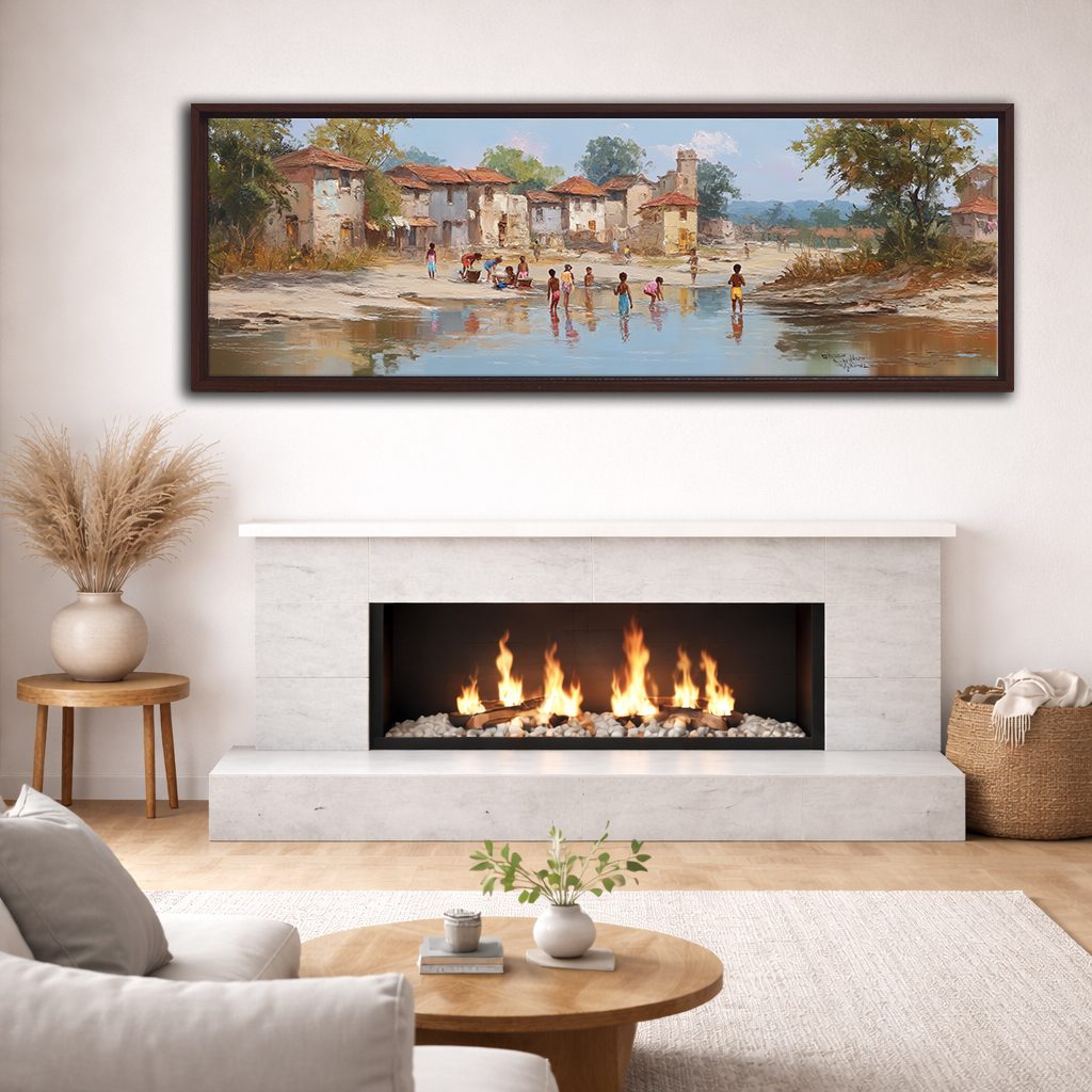 Village by the River Landscape canvas wall art, walnut floating frame