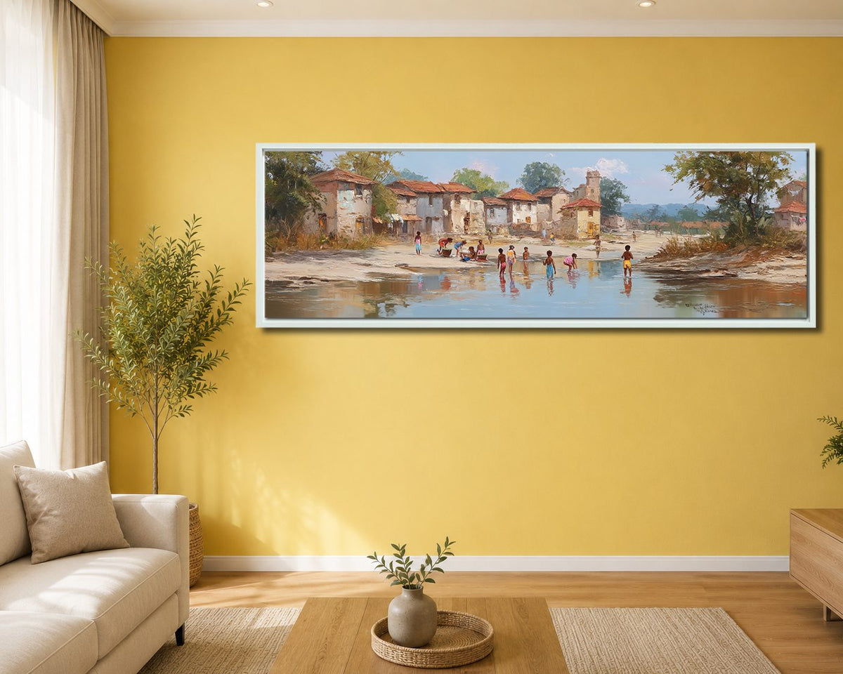 Village by the River Landscape canvas wall art, white floating frame