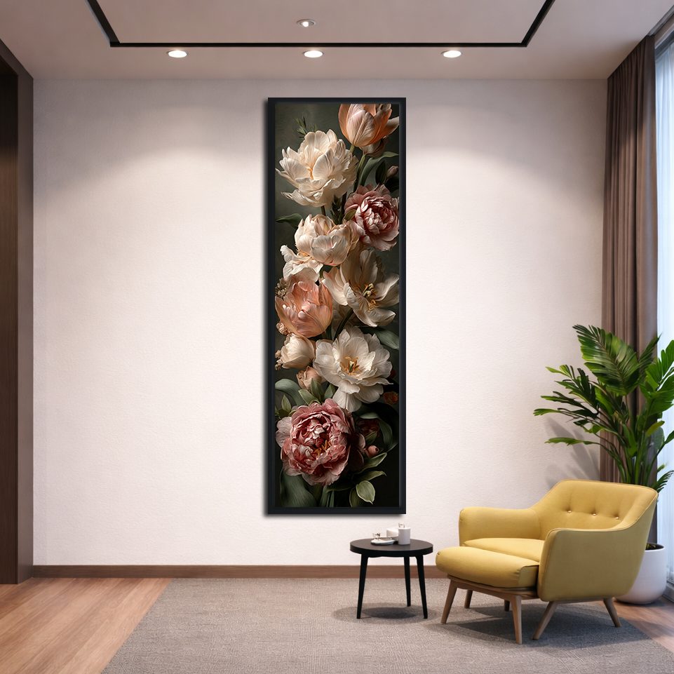 Vintage Roses and Peonies Bouquet canvas wall art, black floating frame